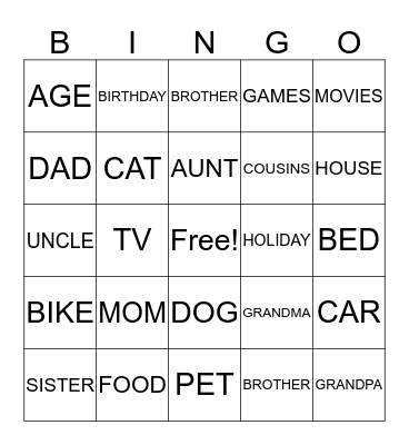 My Family Story Game Bingo Card