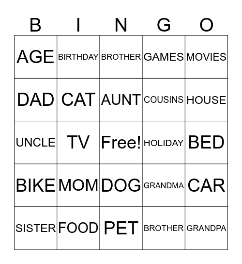 My Family Story Game Bingo Card