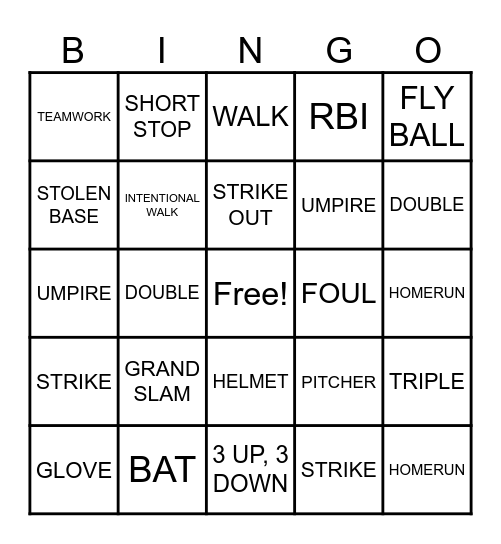BASEBALL Bingo Card