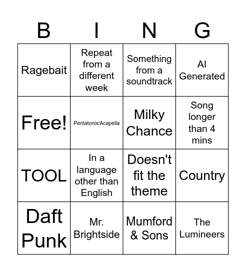 Music League Bingo Bongo Bingo Card