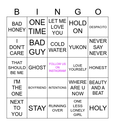 JUSTIN BIEBER Bingo Card