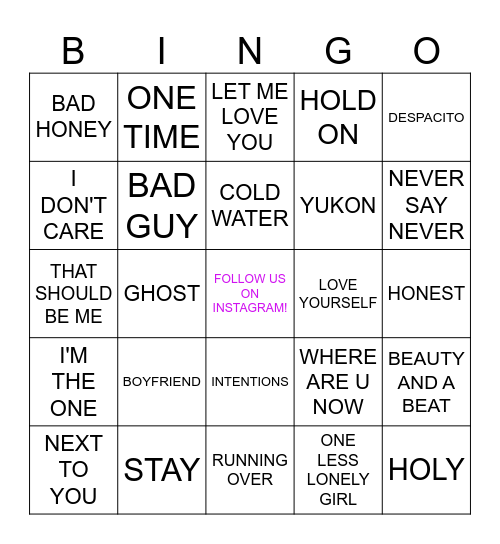 JUSTIN BIEBER Bingo Card