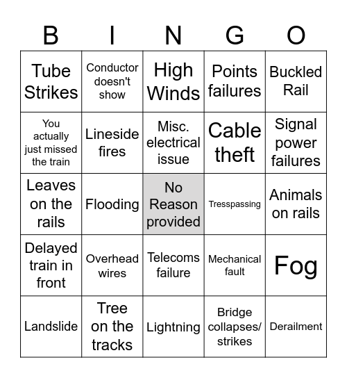 Train Delays Bingo Card