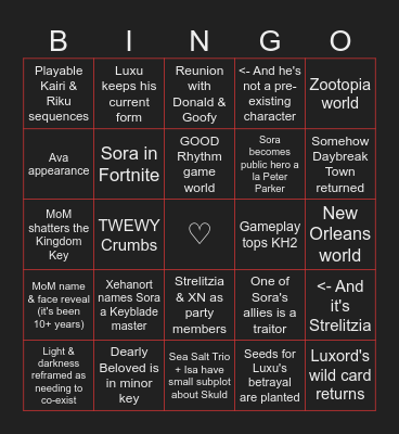 KH4 Wish Fulfillment Bingo Card