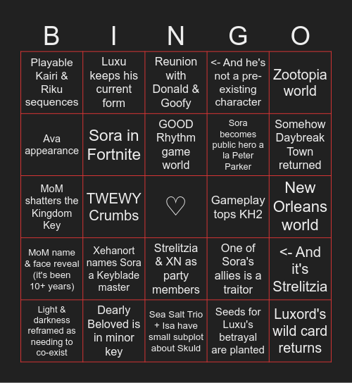 KH4 Wish Fulfillment Bingo Card
