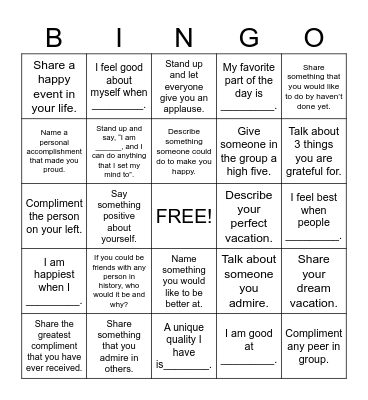 Self-Esteem Bingo Card