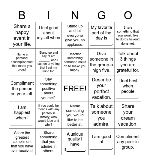 Self-Esteem Bingo Card
