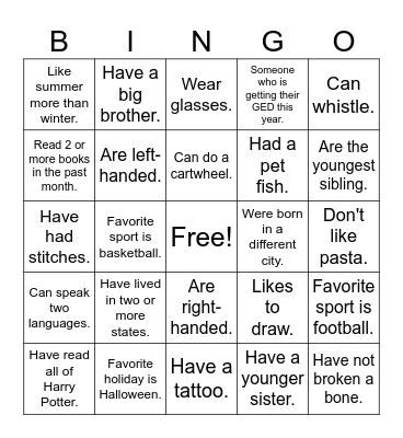 Getting to know you! Bingo Card