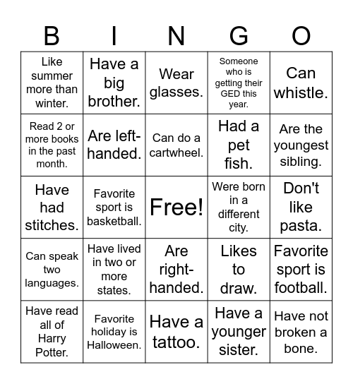 Getting to know you! Bingo Card
