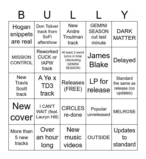 BULLY (Deluxe) Bingo Card