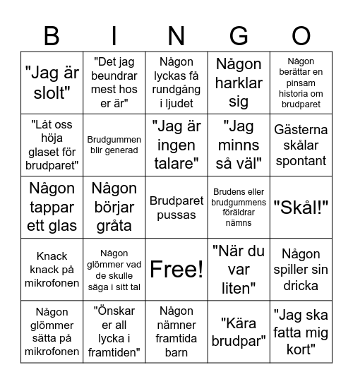 Bröllops Bingo Card