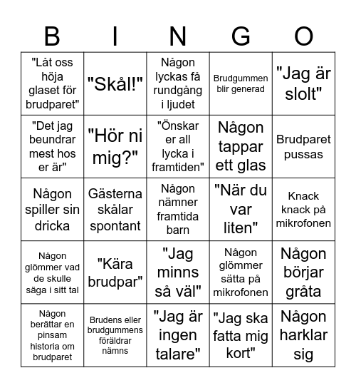 Bröllops Bingo Card