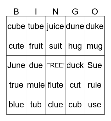 Long "u"  Bingo Card