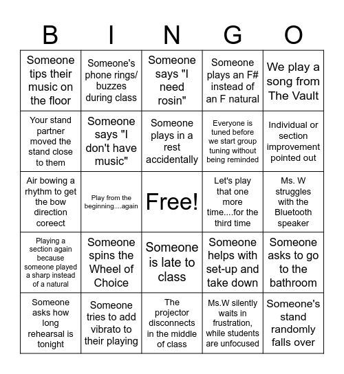 Orchestra Class Bingo Card