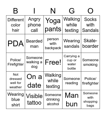 People Watching Bingo Card