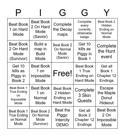 Roblox Piggy Challenges Bingo Card