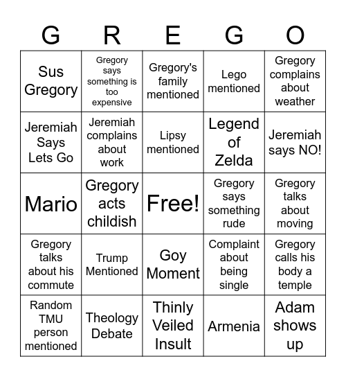 Gregory Bingo Vol. 2 Bingo Card