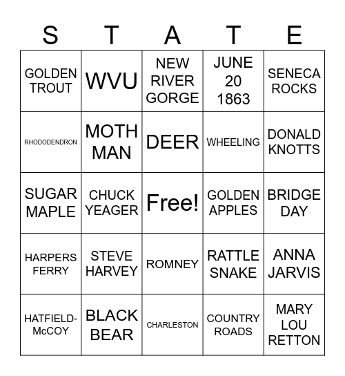 WEST VIRGINIA Bingo Card