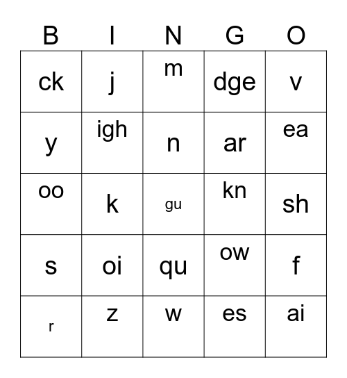 Phonogram Bingo Card