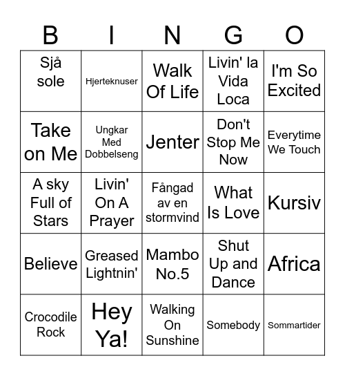 Gunhild og Jarands musikkbingo Card