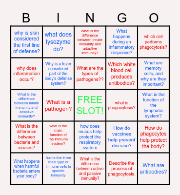 Immune System Bingo Card
