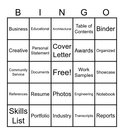 Career Portfolio Bingo Card