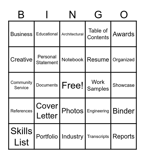 Career Portfolio Bingo Card