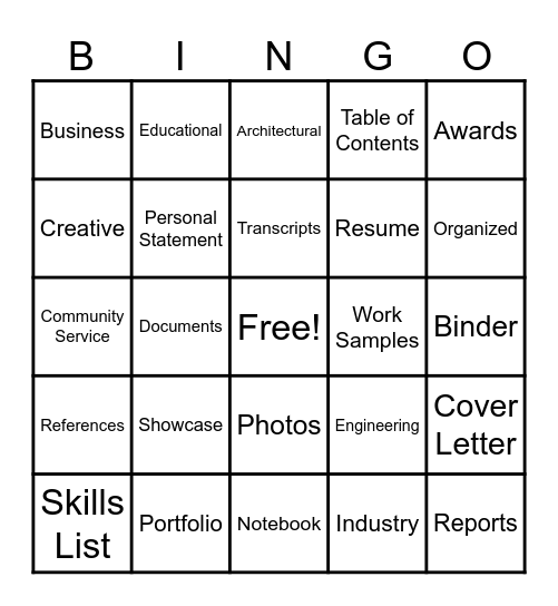 Career Portfolio Bingo Card