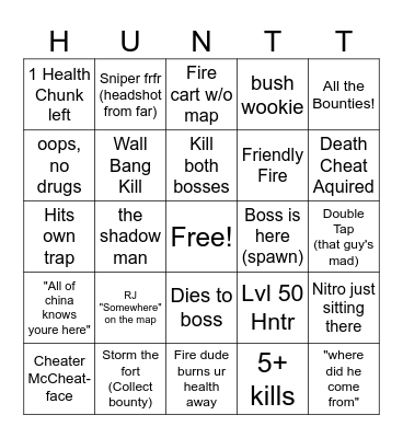 Huntus Showdowner Bingo Card