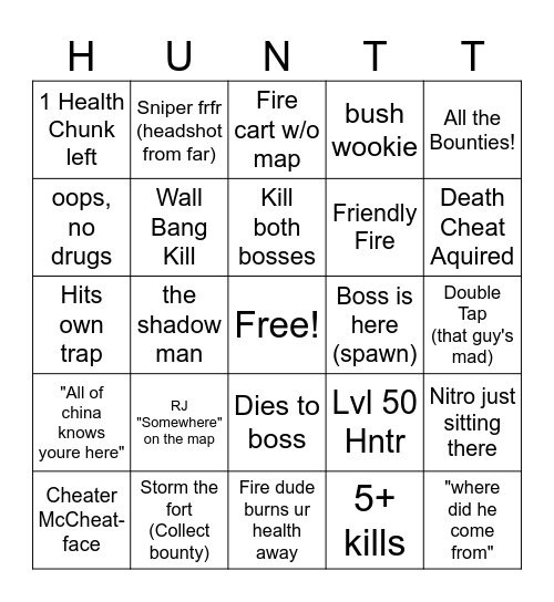 Huntus Showdowner Bingo Card