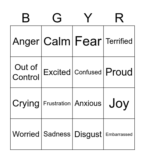 Zones of Regulation Bingo Card