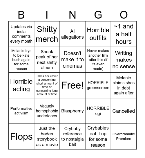 Hades movie bingo Card