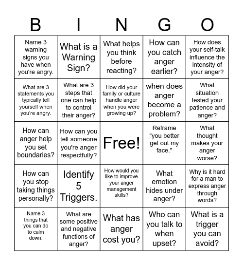 CBT Anger Bingo Card