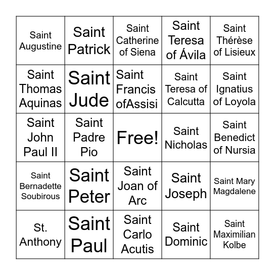 Saint Bingo Card