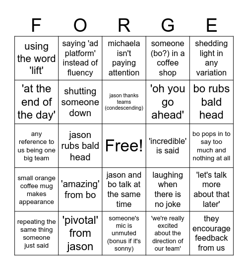 Corporate Bingo Card