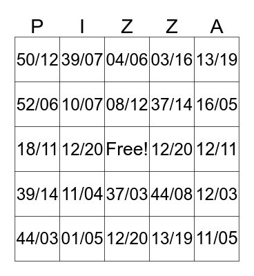 PIZZA BINGO Card