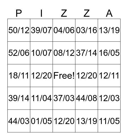 PIZZA BINGO Card