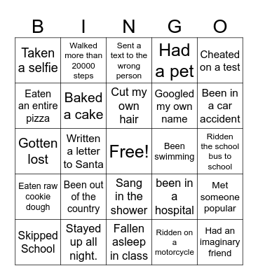 Never Have I Ever Bingo Card