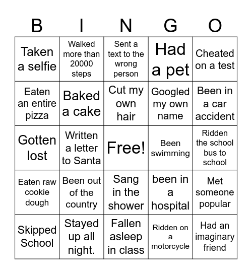 Never Have I Ever Bingo Card