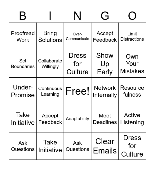 Jobs Plus Bingo Card