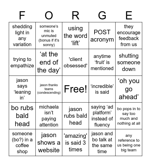Corporate Bingo Card