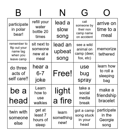 PRE-CAMP BINGO CSR Bingo Card