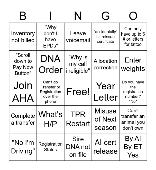 Customer Service Bingo Card