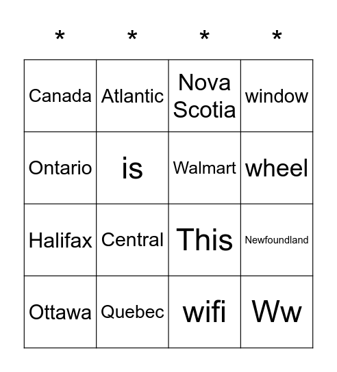 Canada Bingo Card