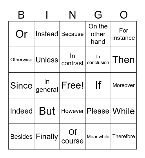 Linking words Bingo Card