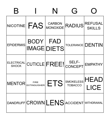 HEALTH Bingo Card