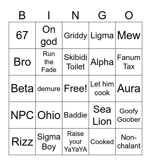 Brainrot Bingo Card