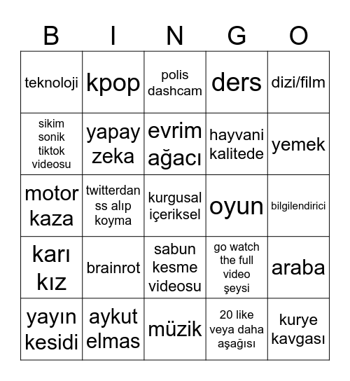 yt shorts Bingo Card