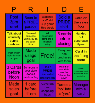 PRIDE Weekend Bingo Card