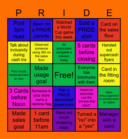 PRIDE Weekend Bingo Card